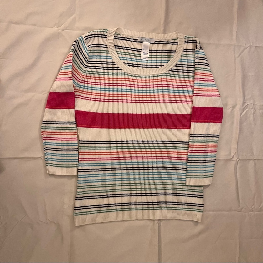 Lizwear Coastal Grandma Crew Neck Pull On Sweater, Sz L, White & Bold Stripes